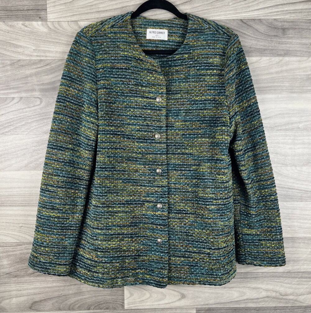 Vintage 90s Knit Cardigan Blazer Button Up Sweater Jacket Womens 12 Green Blue